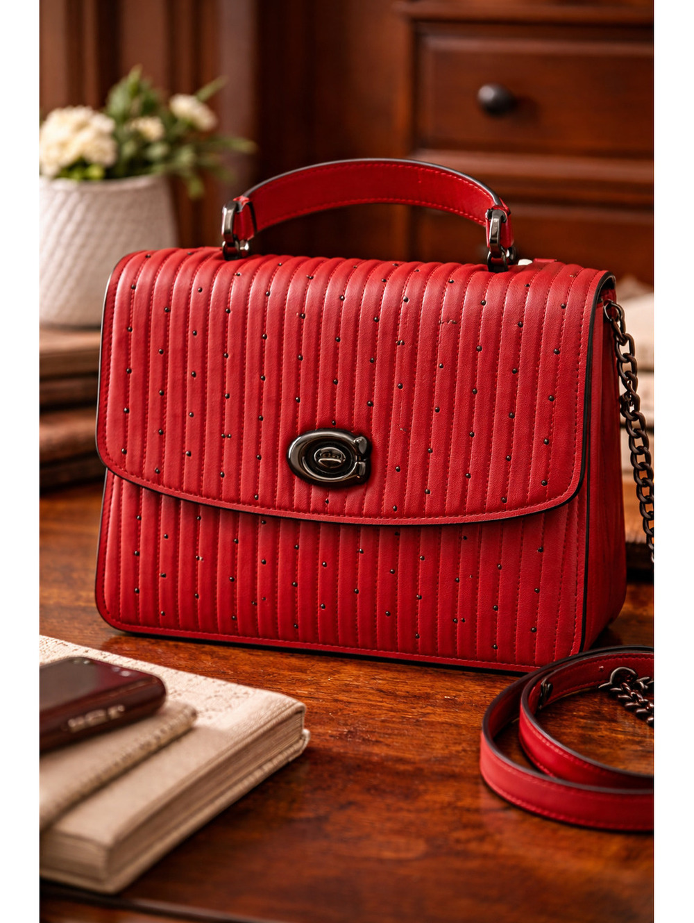Coach Quilted Rivets Parker Top Handle Bag Red Leather